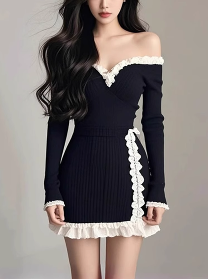 Design sense one shoulder long sleeve dress 2025 temperament waist hip short skirt R1278