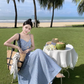 Blue and white plaid backless camisole new high waist swing skirt suit two piece set R0199