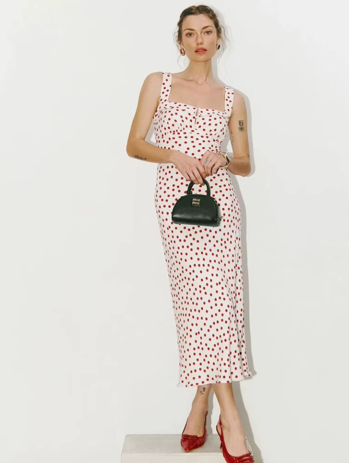 French retro polka dot print suspender dress summer waist slim long dress R2920