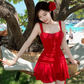 Beautiful red suspender dress sexy seaside holiday irregular short skirt R1477