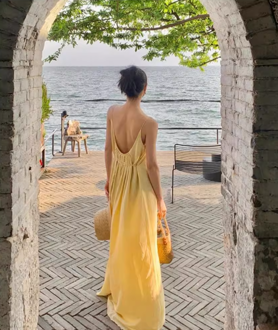 Yellow suspender dress loose lazy style backless sexy beach dress holiday long dress R1587