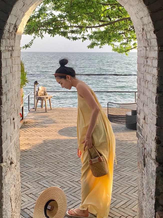 Yellow suspender dress loose lazy style backless sexy beach dress holiday long dress R1587