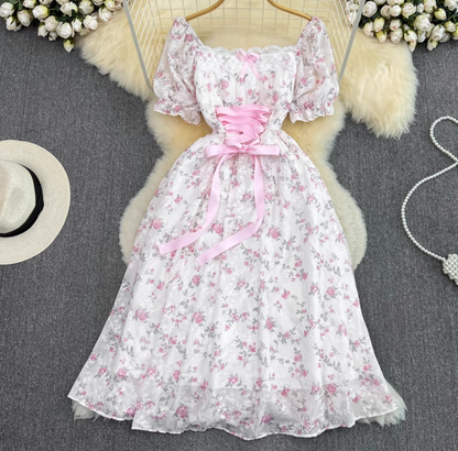 French sweet tea break dress gentle style bubble short sleeve square collar slim a-line chiffon dress R0315