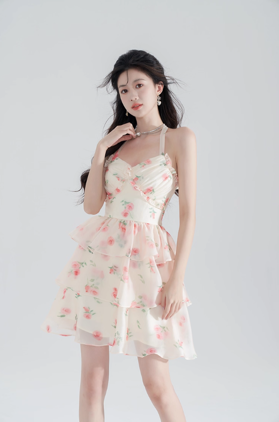 Super fairy new halter neck printed chiffon dress pure summer girl cake skirt fairy skirt female R4112