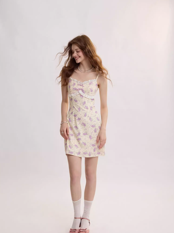 French floral suspender short dress R2711