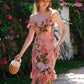 Pink retro rose print one-shoulder slim waist long dress homecoming dress R3251