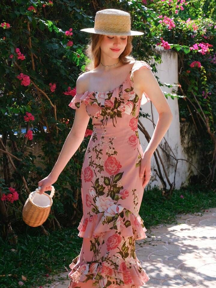 Pink retro rose print one-shoulder slim waist long dress homecoming dress R3251