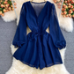 New fashion loose v-neck single-breasted waist strap chiffon puff sleeve jumpsuit wide-leg shorts trend R0350