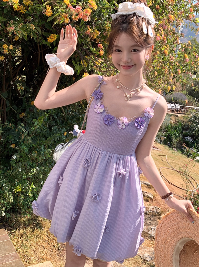 Purple mid-length waist suspender dress French style slim skirt R4989