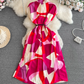 Beach vacation long dress gentle style short sleeves V-neck waist medium length A-line plaid dress R0358