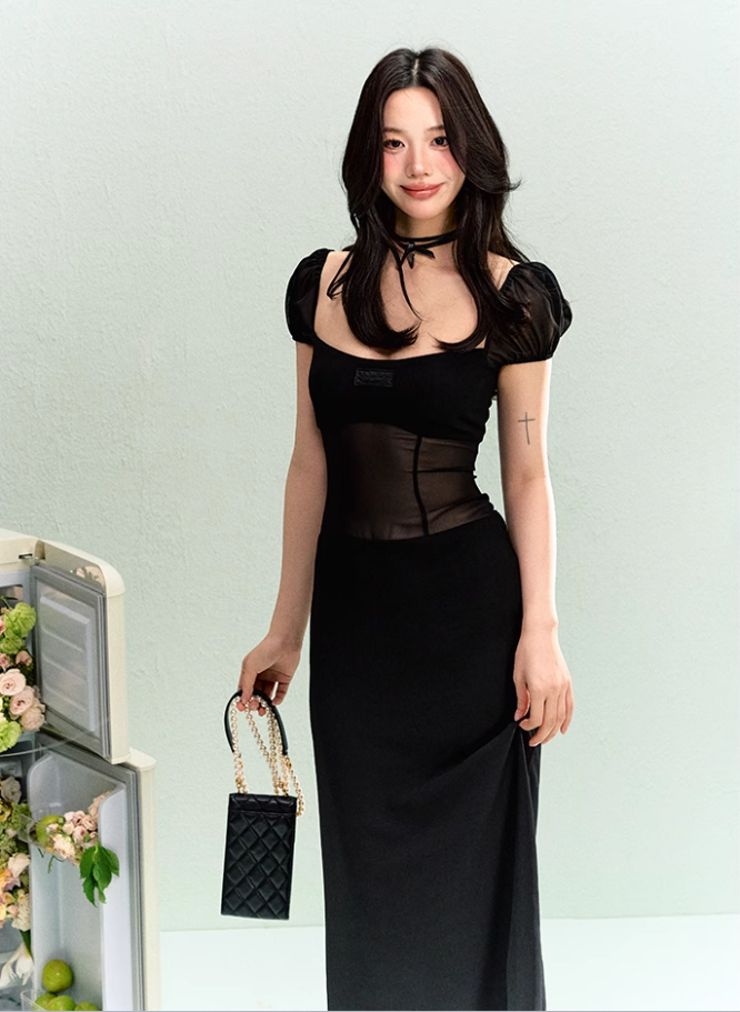 French elegant waist square neck splicing dress summer simple midi dress R3330