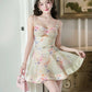 Tie-Dye Flower Strap Light Green Waist A-Line Short Skirt Homecoming Dress R3376
