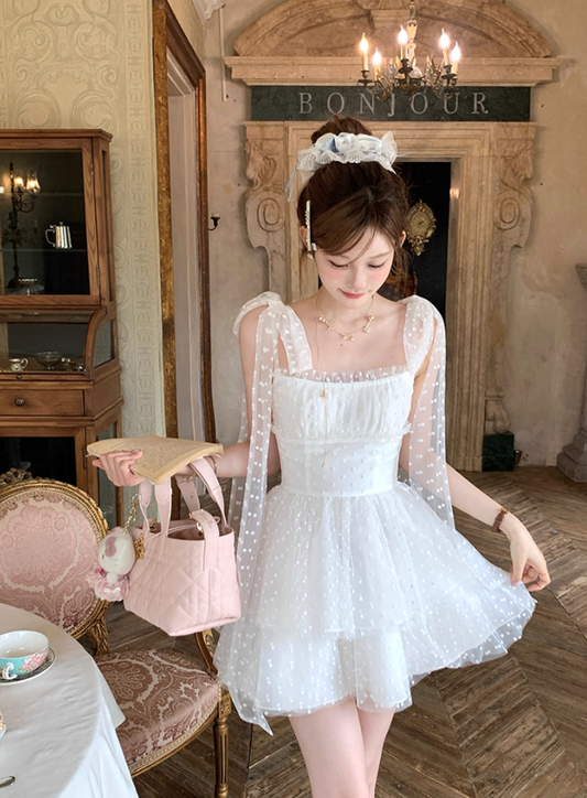 White tulle polka dot halter dress for women's summer French dress R4785