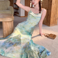Waist-hugging, swaying neckline, gradient color fishtail A-line dress, summer French temperament suspender skirt R4701