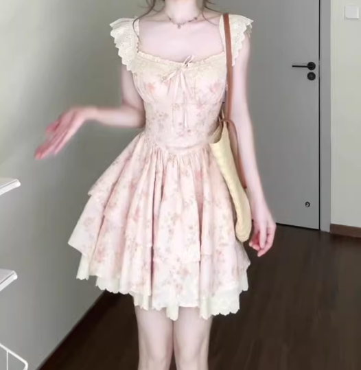 Gentle style pink floral dress beautiful waist A-line tutu skirt R0736