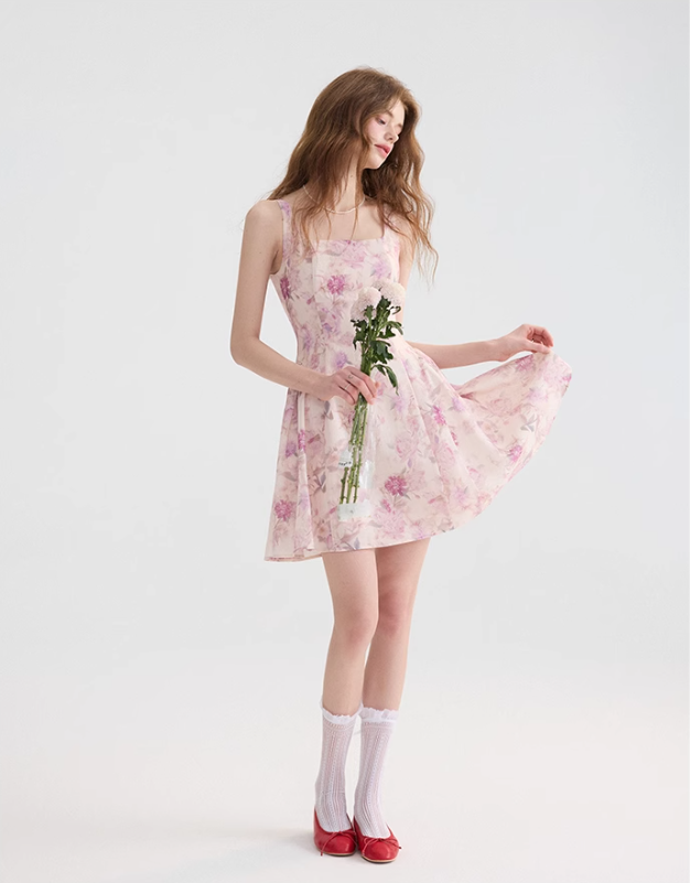 Floral suspender skirt with pink mini skirt R2662