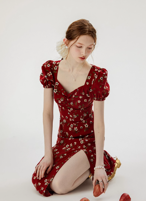 French floral red dress 2025 high-end wear R2703