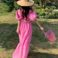 Retro lace heavy long French embroidery hollow V-neck puff sleeve loose fishtail dress R0180