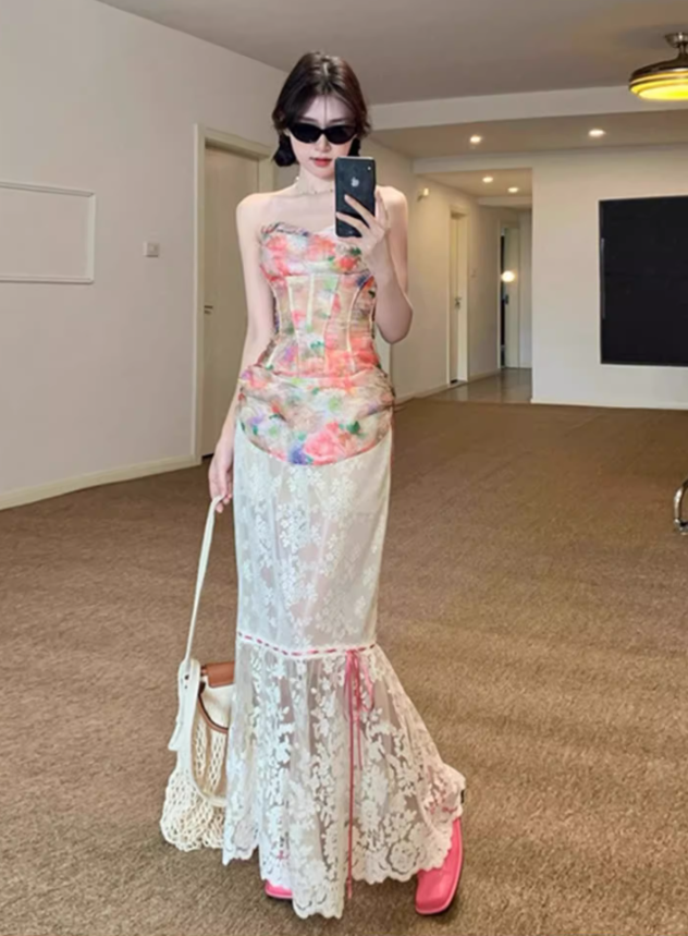 French oil painting style herringbone tube top 2025 lace patchwork skirt suit R1134