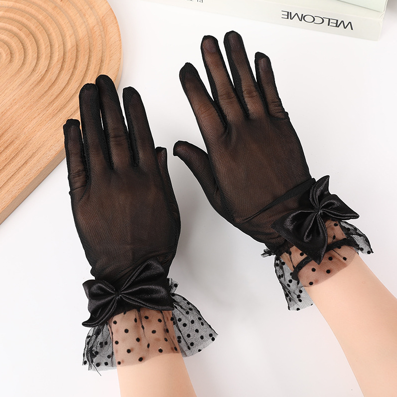 Mesh gloves, black lace polka dot lace bow short tube French Hepburn style dress     S6255