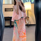 Fashion suit irregular pleats loose cover flesh thin sleeveless vest pleated printed skirt two-piece suit R1729