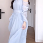 Blue off-shoulder halter neck dress gentle temperament beautiful dress R0741