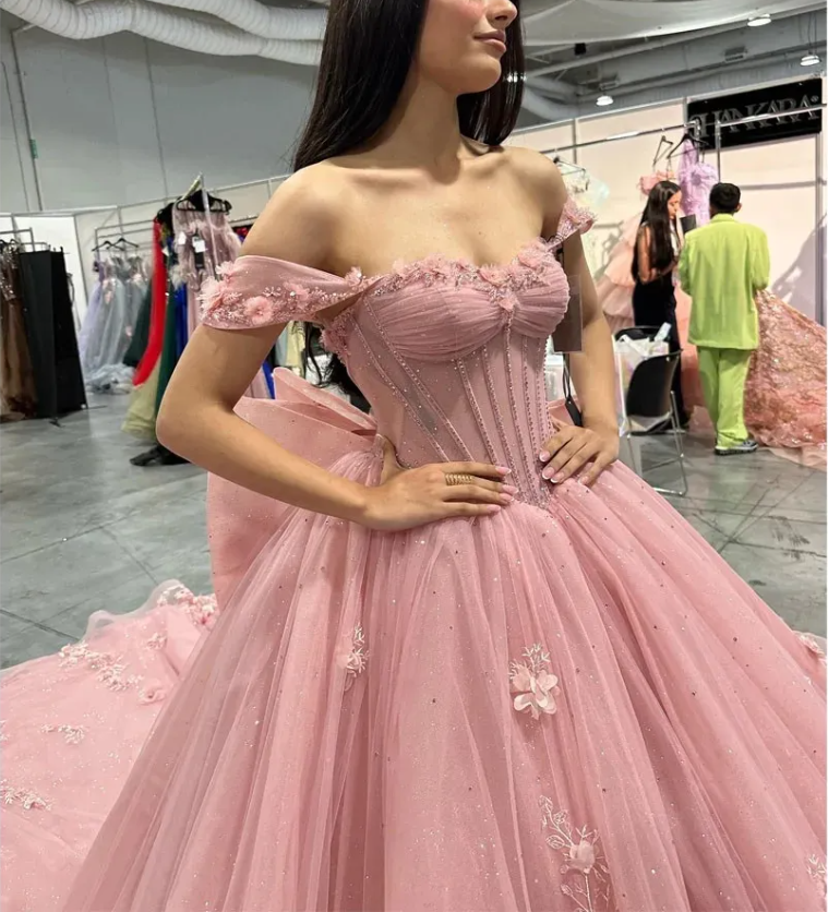Pink Tulle Quinceanera Dresses for Sweet 16,Off-Shoulder Ball Gowns for Prom S6939