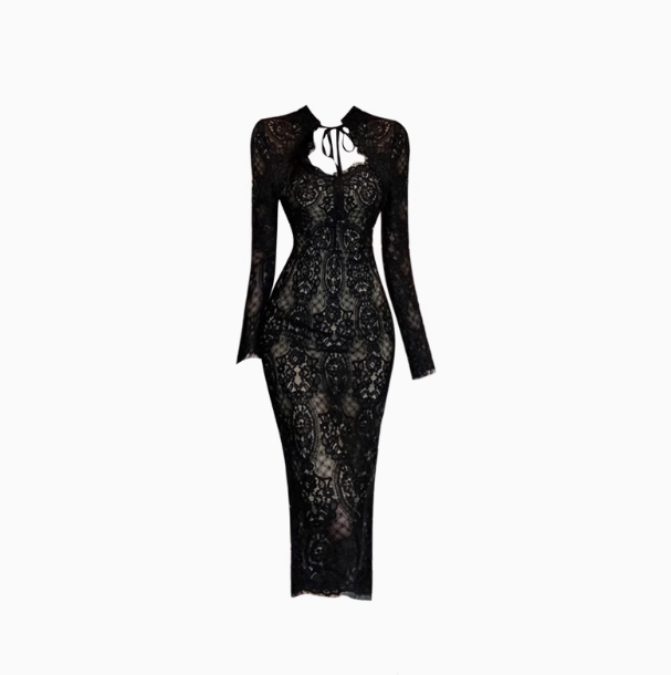 French pure lace strap dress 2025 temperament waist hip evening dress R1413