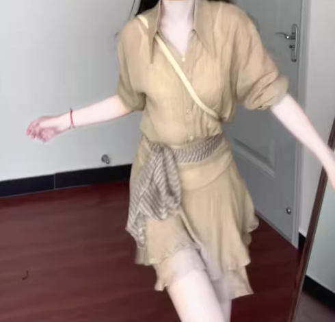 Retro gentle temperament good-looking V-neck long-sleeved shirt A-line skirt two-piece suit R0856