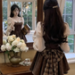 French retro long-sleeved bow dress 2025 plus size sweet plaid patchwork short skirt R1210