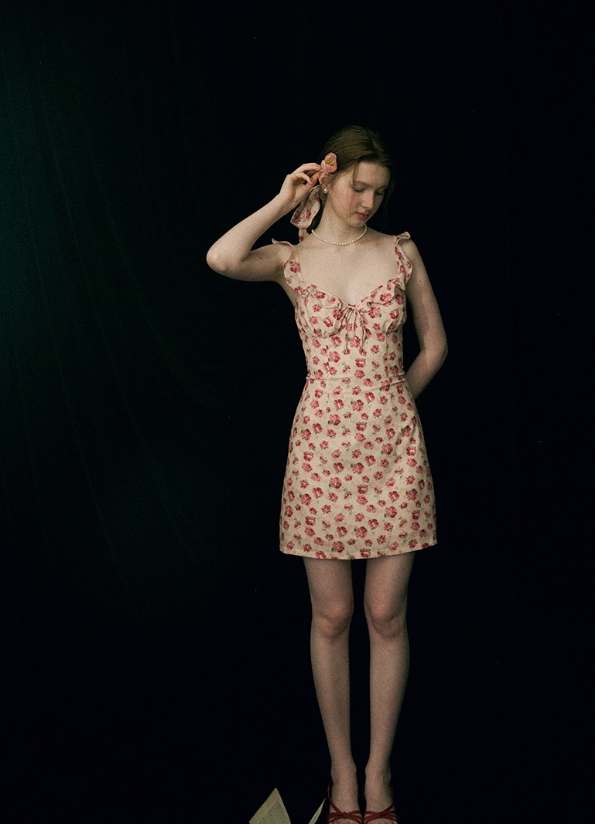 Floral dress pink short skirt French style high-end suspender skirt petite short skirt for women R3463