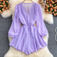 New fashion loose v-neck single-breasted waist strap chiffon puff sleeve jumpsuit wide-leg shorts trend R0350