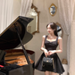 French Hepburn style square neck suspender little black dress new waist bow A-line dress R4415