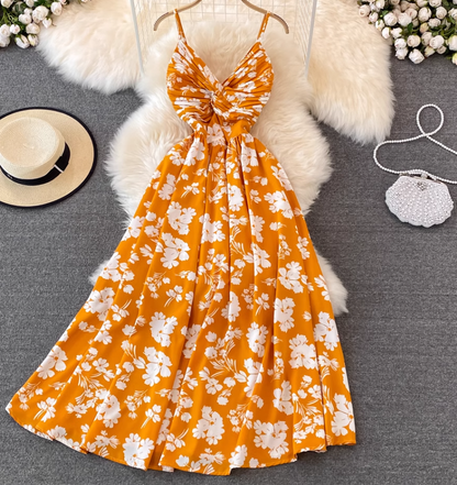 Beach dress super fairy seaside vacation long skirt V neck A line suspender dress R0342