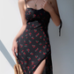 European and American cherry floral suspender dress sexy waist side slit long skirt R2808