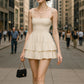 Brown suspenders waist slim fit A-line short skirt homecoming dress R3782