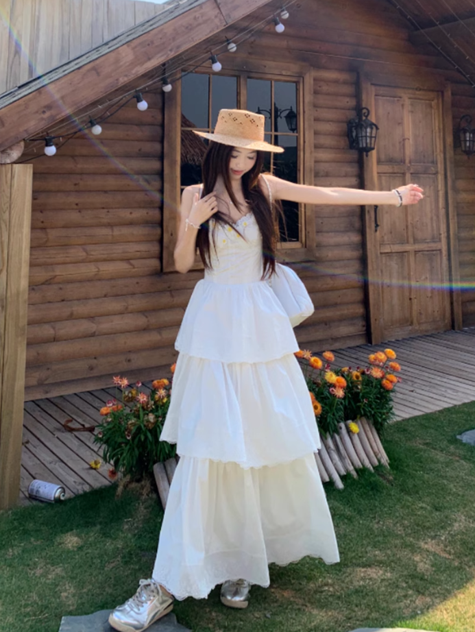 Fairy Qianjinfeng waist skirt daisy flower gentle white moonlight cake dress R1748