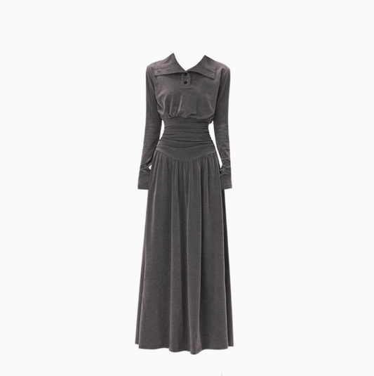 Design half-high polo collar long-sleeved dress 2025 pleated waist A-line long skirt R1034