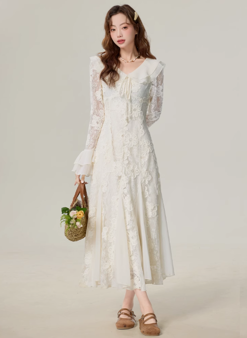 Temperament gentle style apricot long-sleeved dress super fairy fishtail skirt R1914