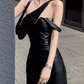 Sexy hot girl oblique shoulder zipper dress 2025 design waist hip leather skirt R1102