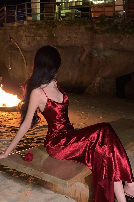 Retro suspenders red acetate swing collar hip-wrapped backless slim holiday inner skirt R1432