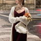 Burgundy suspender dress sexy V-neck backless high-end Christmas annual party hip dress R1471