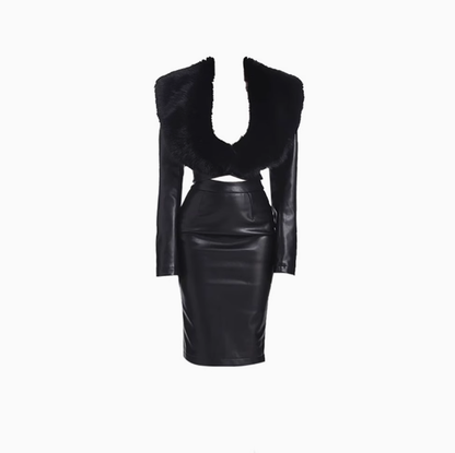 High-grade fur collar coat 2025 large size royal sister style hip-wrapped slit leather skirt suit R1147