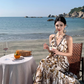 Bohemian style v-neck floral suspender dress temperament waist A-line long skirt R0592