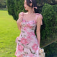 Pink floral suspenders slim waist lace skirt short skirt prom dress homecoming dress R3054