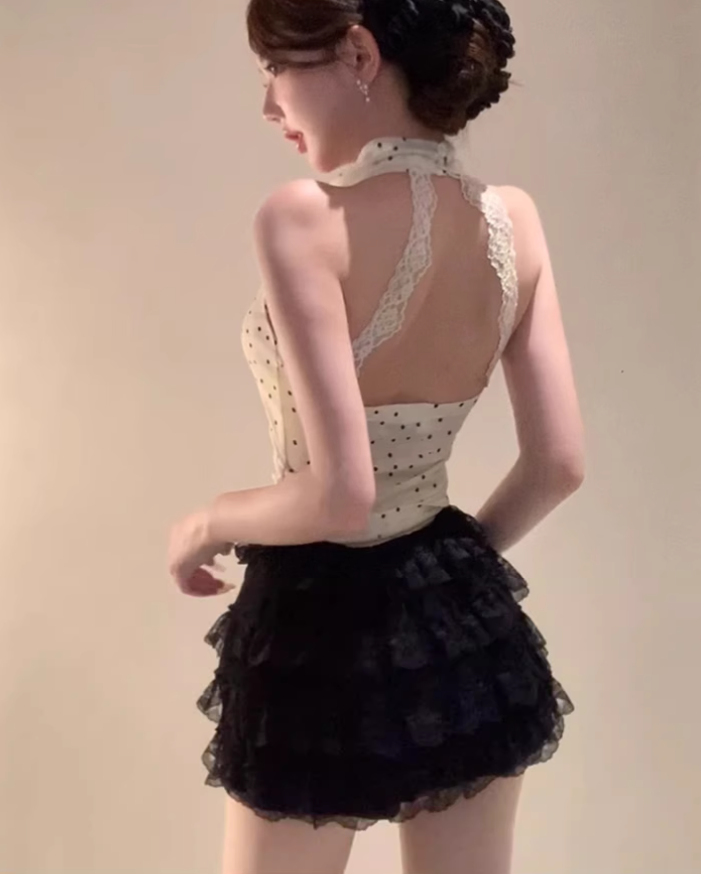 2025 Pure Lace Skirt Set with Polka Dot Swing Neck and Halter Backless Top R1129