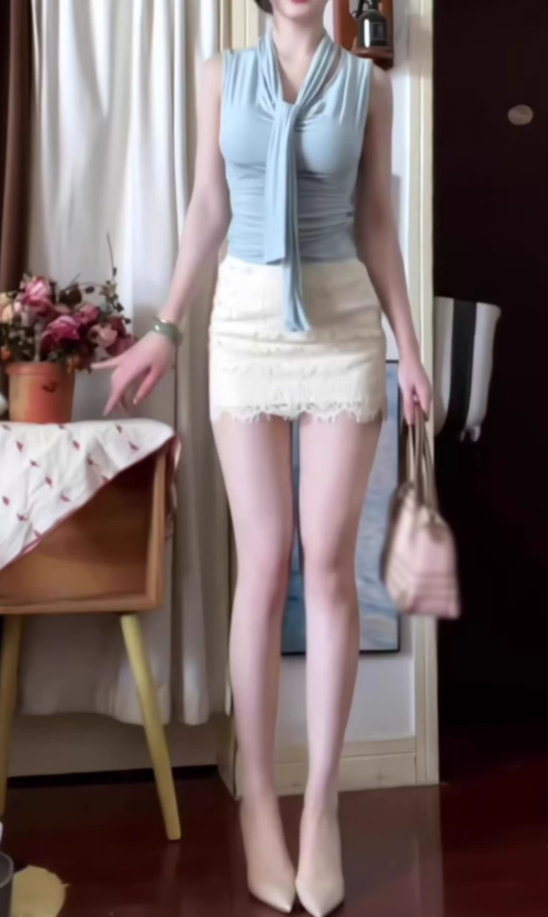 Gentle temperament blue top hip-wrapped short skirt two-piece suit skirt R0891