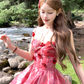 Red printed chiffon suspender dress women's summer French style waist skirt R4580