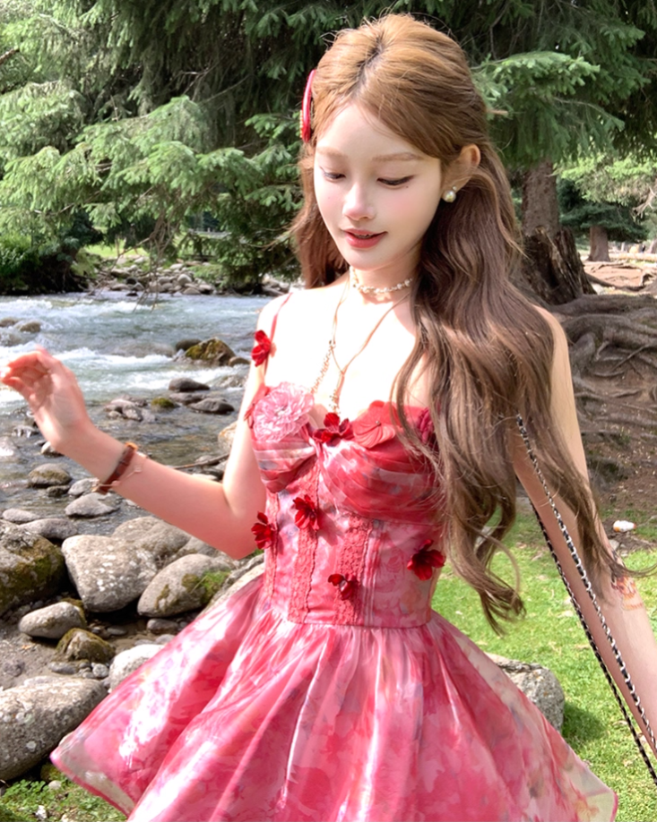 Red printed chiffon suspender dress women's summer French style waist skirt R4580