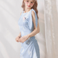 Blue and White Checkerboard Pleated Fitted Dress R5247